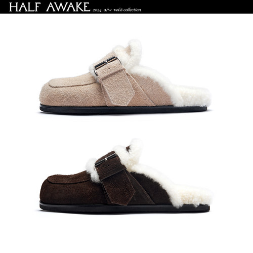 halfawake毛毛半拖女平底勃肯鞋