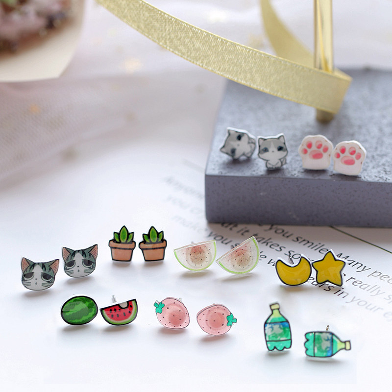 纯银耳钉女韩国可爱卡通山竹菠萝西瓜熊猫狗狗猫咪耳环2019新款潮