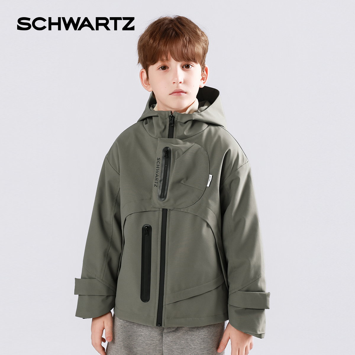 SCHWARTZ斯瓦茨男童连帽冲锋衣外套2025秋季新款加绒保暖休闲上衣