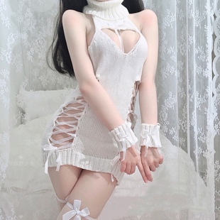 RESIST 甜美绑带冬日针织包臀裙诱惑镂空高领蝴蝶结开胸性感毛衣