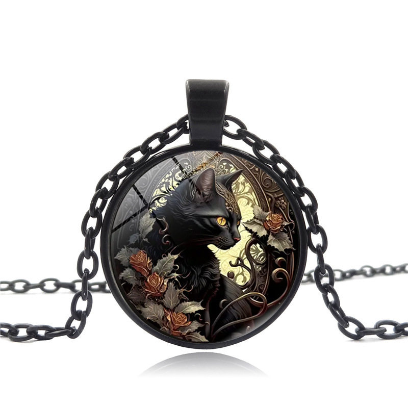 黑猫图案时光宝石吊坠项链女百搭欧美配饰复古毛衣链饰品