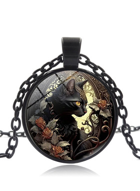 黑猫图案时光宝石吊坠项链女百搭欧美配饰复古毛衣链饰品