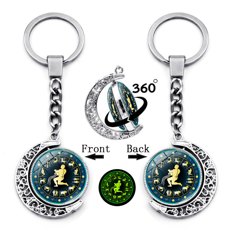 12星座夜光钥匙扣挂件十二生肖双面旋转月亮吊坠钥匙链挂饰小礼物