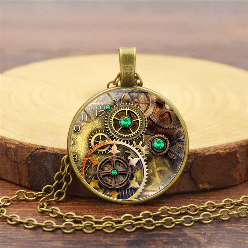 机械表齿轮图案时光宝石吊坠项链女百搭欧美复古毛衣链饰品