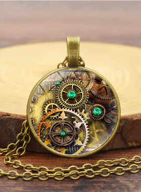 机械表齿轮图案时光宝石吊坠项链女百搭欧美复古毛衣链饰品