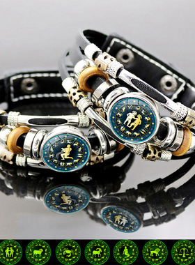 夜光12星座手链男女学生日礼物水瓶座狮子座手饰多层串珠皮革手环