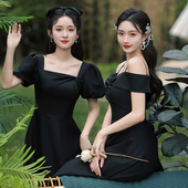 黑色礼服2025新款 高级感赫本风礼服气质名媛伴娘服姐妹裙成人礼服