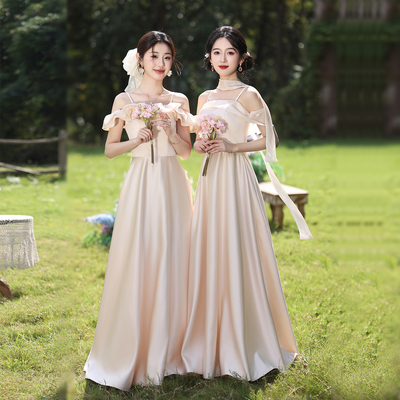 大小姐韩版一字肩缎面伴娘服短袖