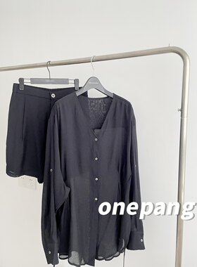 onepang 夏日月夜 慵懒休闲宽松防晒衬衫女显瘦大码衬衫短裤套装