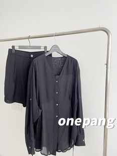 onepang 夏日月夜 慵懒休闲宽松防晒衬衫女显瘦大码衬衫短裤套装
