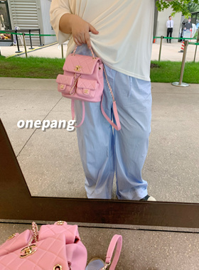 Onepang“大码蓝色竖条纹裤”适合胖女孩慵懒显瘦百搭轻薄休闲裤