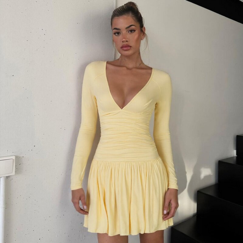 shemoda欧美ins早秋深V领长袖连衣裙女 弹力修身褶皱高腰百褶裙子