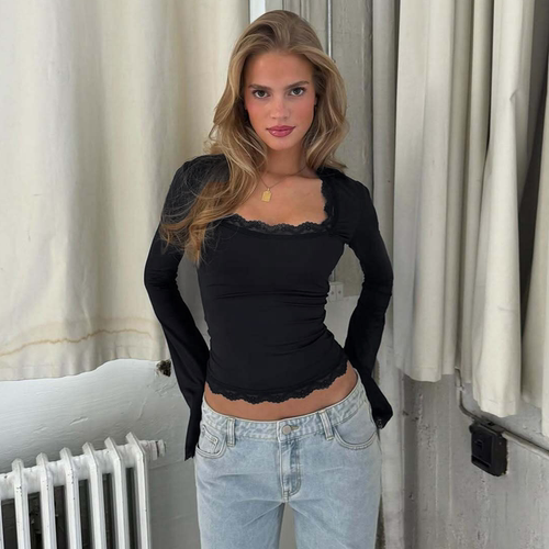 时尚日常百搭蕾丝花边长袖上衣