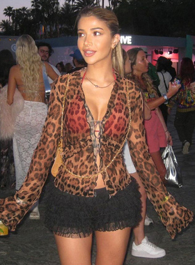 shemoda性感半透网纱豹纹印花薄款长袖上衣女 V领系绳开衫外穿T恤