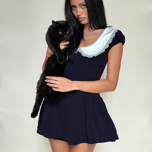 shemoda法式娃娃领蕾丝花边高腰修身A字形后背拉链短袖连衣裙女装