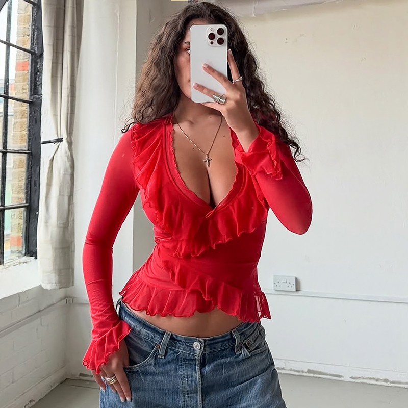 shemoda 欧美风荷叶边微透网纱交叉绑带V领修身喇叭长袖T恤上衣女,女装/女士精品,T恤,淘宝优惠券,粉丝福利购,淘宝优惠卷