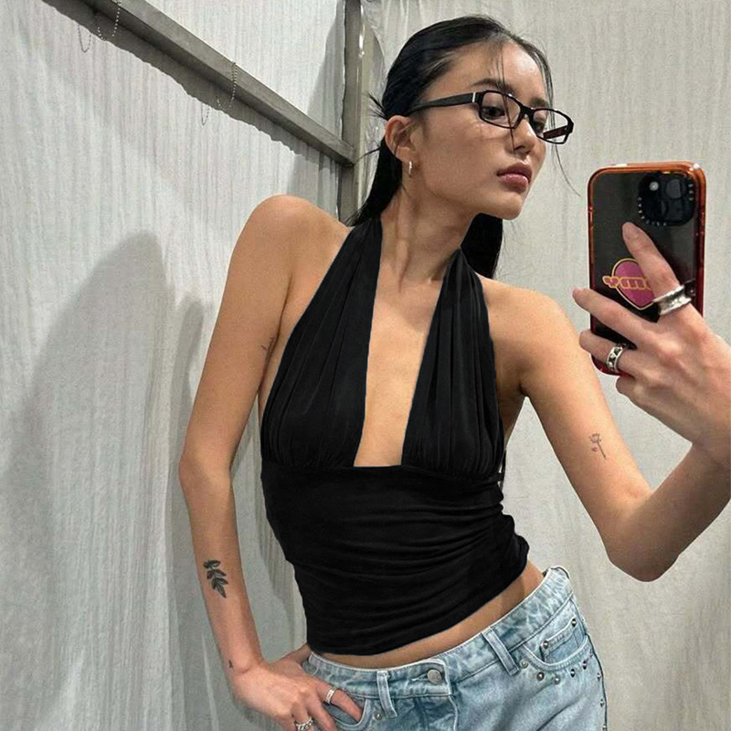 shemoda欧美性感深V领露背挂脖吊带背心女褶皱弹力高腰修身短上衣
