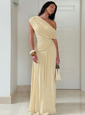 shemoda不规则斜领露肩连衣裙女 弹力修身褶皱高腰拼接垂坠感长裙