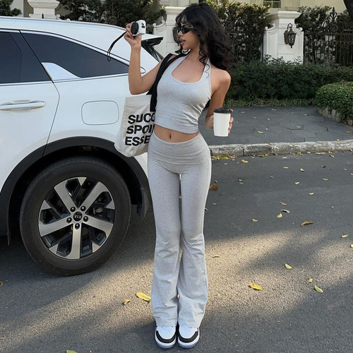 休闲挂脖背心高腰长裤时尚套装