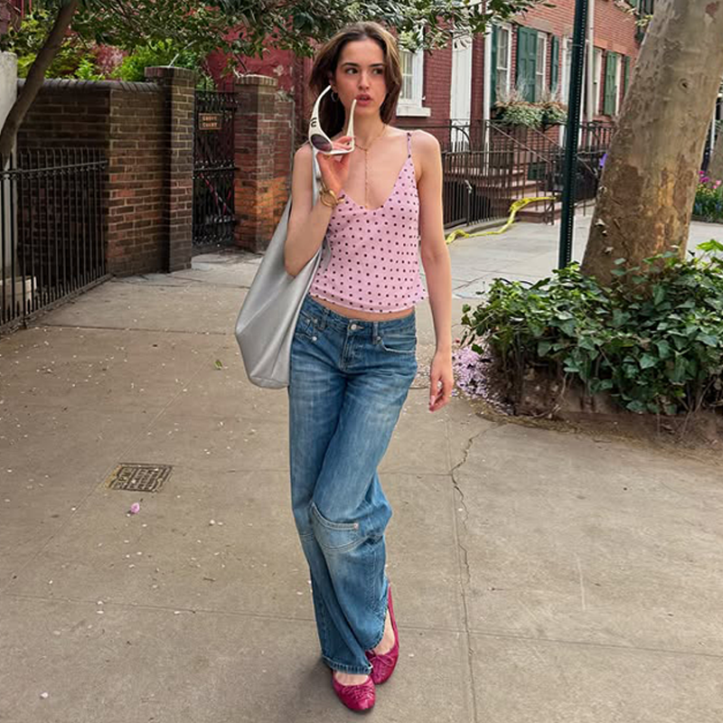 波点印花网纱拼接吊带背心