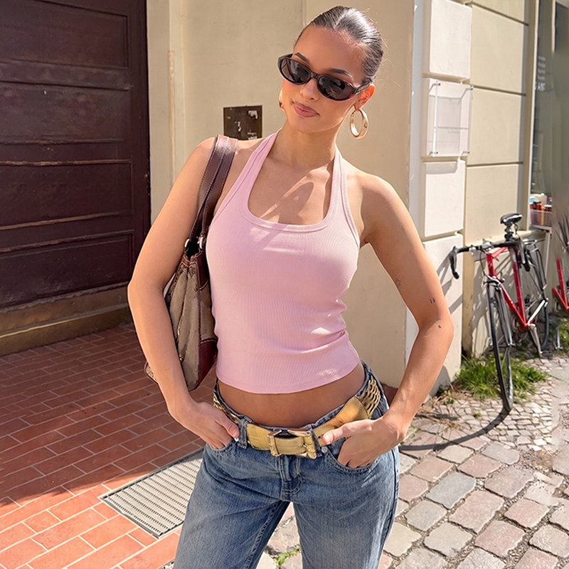 shemoda美式辣妹风粉色U领露背挂脖背心女修身百搭休闲运动短上衣