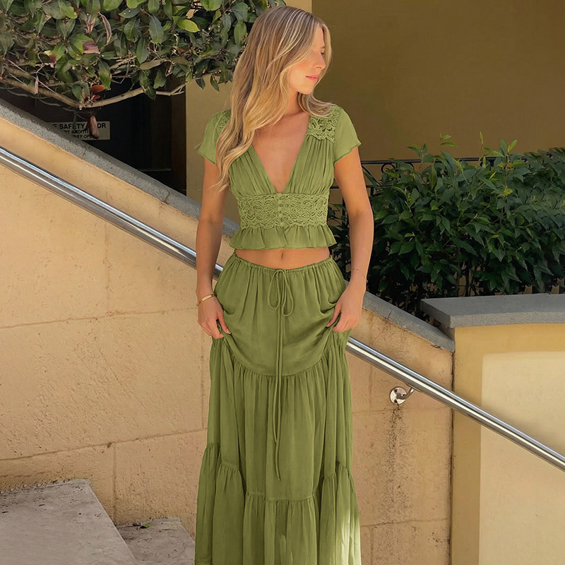 shemoda法式度假雪纺蕾丝V领短袖上衣拼接抽绳收腰半身裙两件套装,女装/女士精品,时尚套装,淘宝优惠券,粉丝福利购,淘宝优惠卷