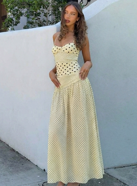 shemoda 波西米亚风波点印花绑带挂脖连衣裙女拼接高腰修身长裙子