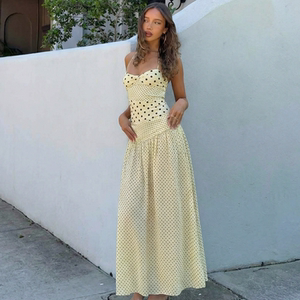 shemoda 波西米亚风波点印花绑带挂脖连衣裙女拼接高腰修身长裙子