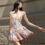 shemoda法式 甜美彩色碎花吊带连衣裙女2026年高腰显瘦A字百褶裙字