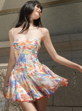 shemoda法式甜美彩色碎花吊带连衣裙女2026年高腰显瘦A字百褶裙字