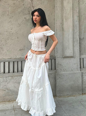 欧美风套装一字领后背褶皱收腰上衣显瘦花边蓬蓬裙长裙两件套女装