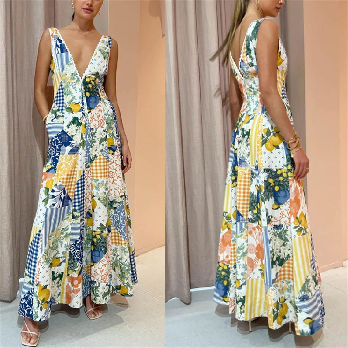 Sexy printed camisole vacation casual lace up shirt dress202