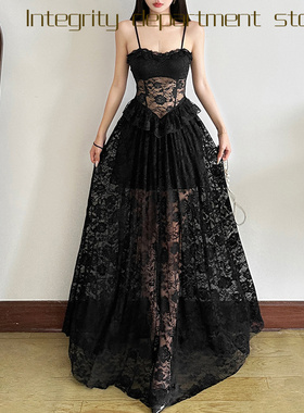 Sexy lace patchwork slim fit dress风性感透视胸衣设计黑色蕾丝