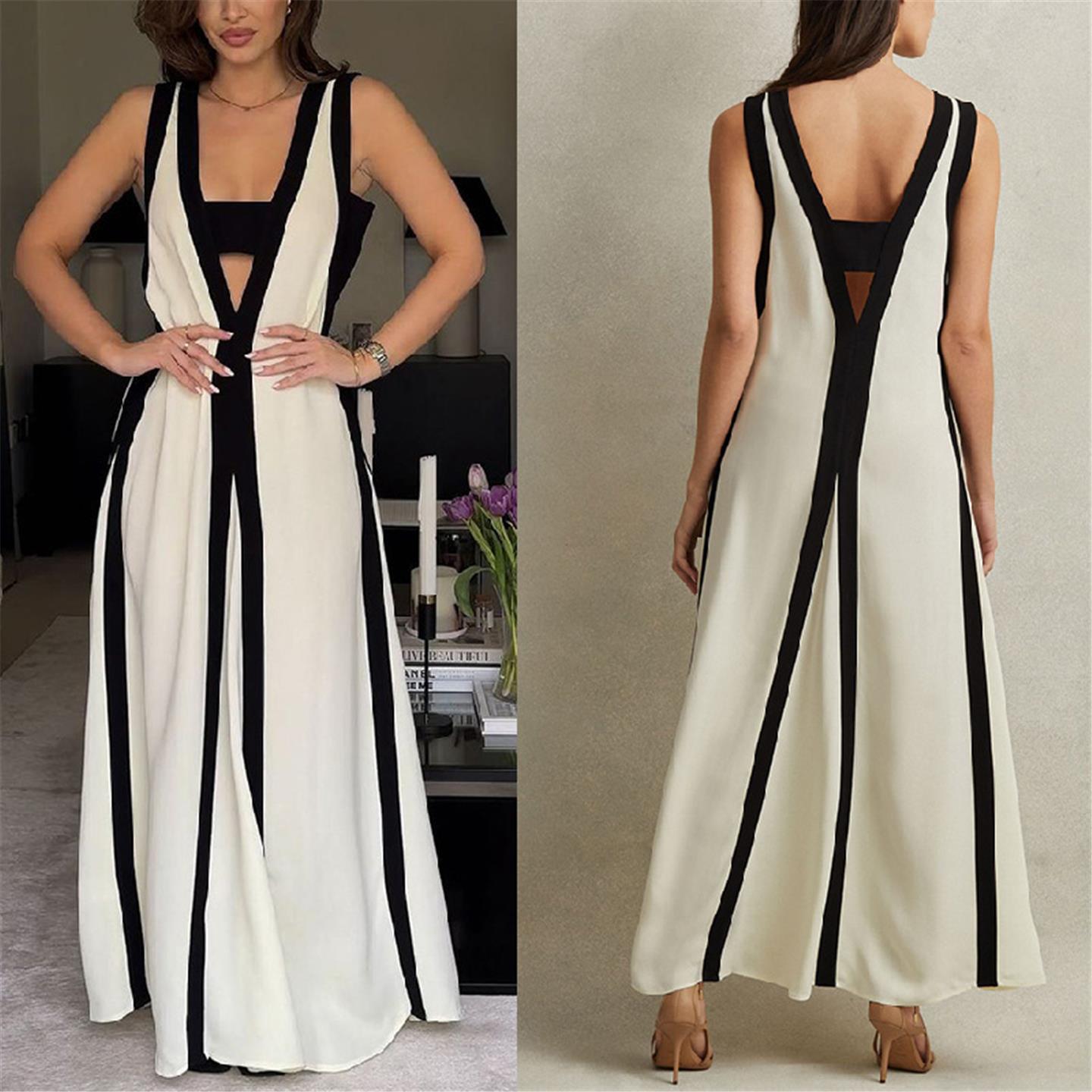 Printed strapless sleeveless slim sexy dress性感双面穿v领撞