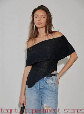 Lace T-shirt Fitted Crewneck Short Sleeve Top感单肩修身上衣