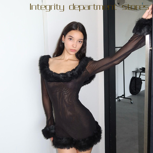 lace cut out top风秋冬毛领长袖 sexy sheer 一字领气质修 neck