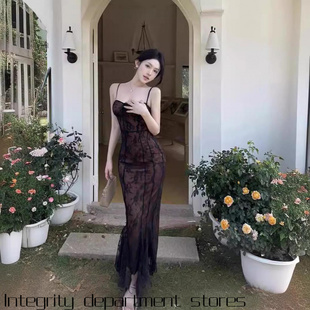 Sexy Straps Dress小甜甜名媛风蕾丝绑带鱼尾裙气质显 Split Lace