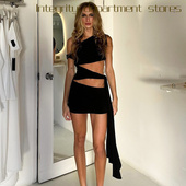 纯色斜领 perspective Deep fit lace slim f春新品 sexy dress