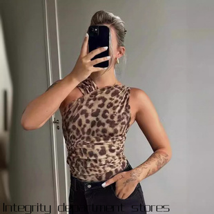 shirt women Splicing sexy short top风豹纹印花不对称 lace