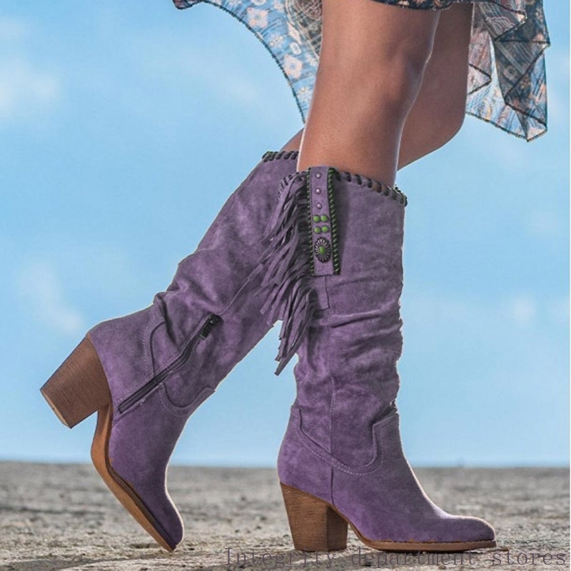 Women's oversized boots2020eaby秋冬女士大码风流苏靴粗高跟长