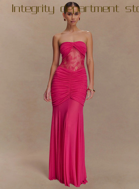 Deep V lace perspective sexy slim fit dress f无袖抹胸长裙性