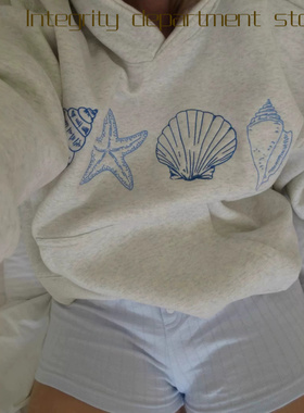 Loose casual top hooded sweatshirt潮流简约贝壳绣花图案灰色套