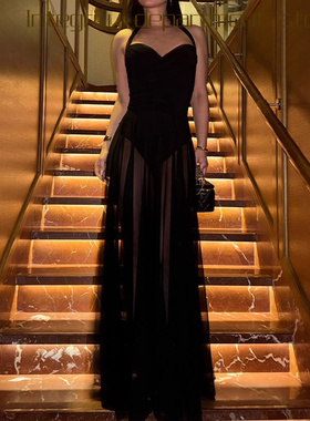 Deep V lace perspective sexy slim fit dress f春夏金智妮同款