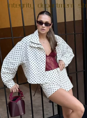 Casual coat, loose stand collar cotton jacket爆款风立领波点