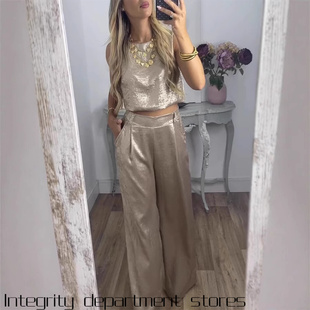 slim sexy fit satin 高腰休闲 Long dress独立站背心长裤 printed