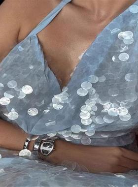 Fashionable printed short sleeved V-neck lace up dress年蓝色