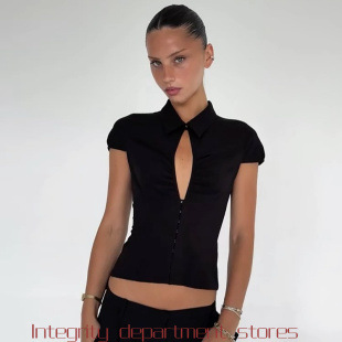 U-neck top slim fit sexy vest for women衫排扣翻领短袖恤上衣
