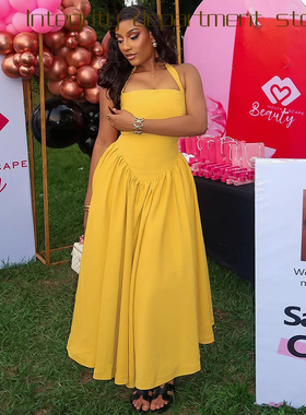 Printed sleeveless sexy suspender dress风气质通勤收腰褶皱字