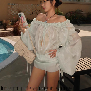 printed dress风女秋季 slim camisole 性感一字领褶 fit Holiday