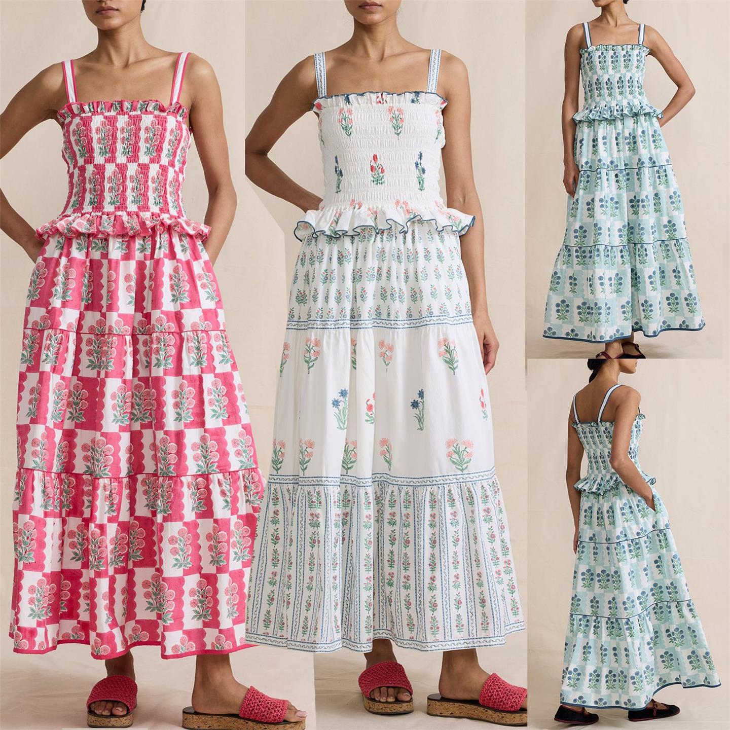 Sexy dress women's slim neck hanging strap print suit度假风